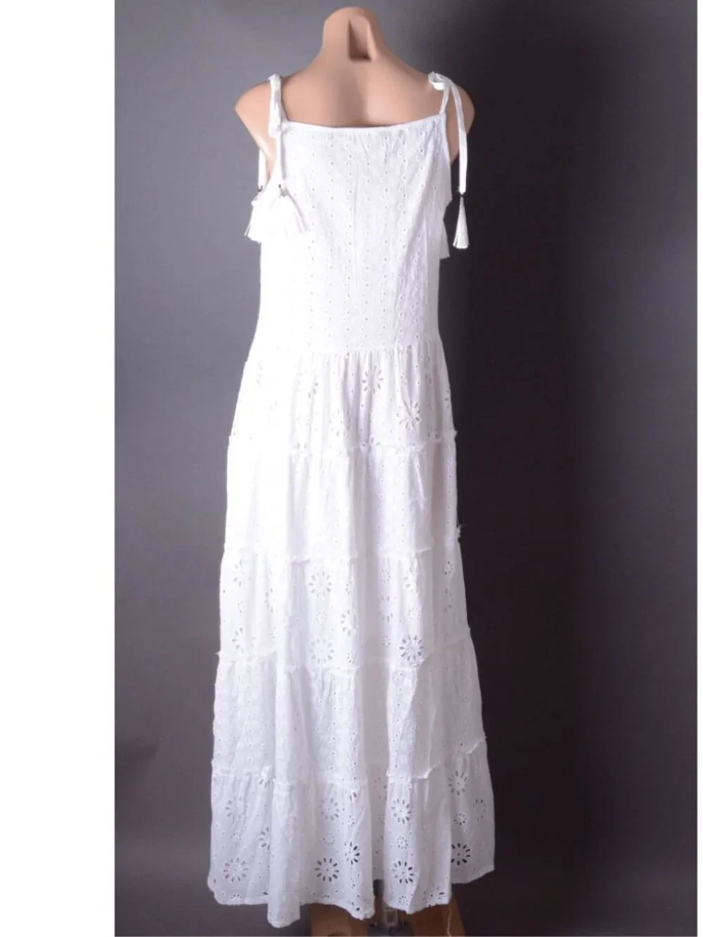 White Tiered Crochet Eyelet Fringe Bohemian Sleeveless Bow Summer Long Dress - Picture 8 of 11